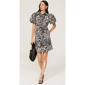 Toccin Tina Floral Print Puff Sleeve Shirt Mini‎ Dress Black White Size 8